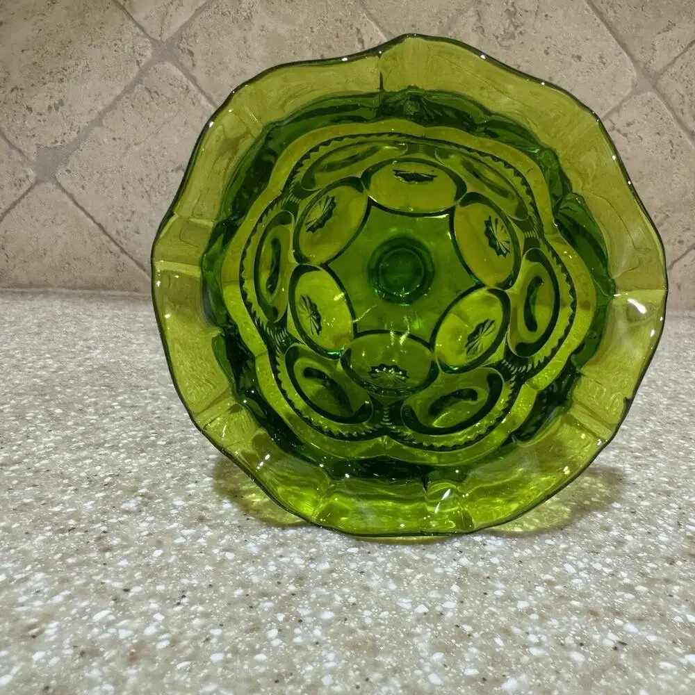 Vintage LE Smith Green Moon & Stars‎ Ruffled Footed Open Vase Compote 5 3/4